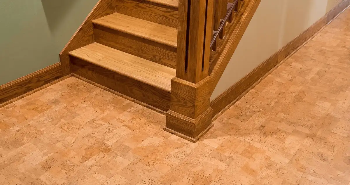 End of a staircase with cork flooring in Albuquerque, NM