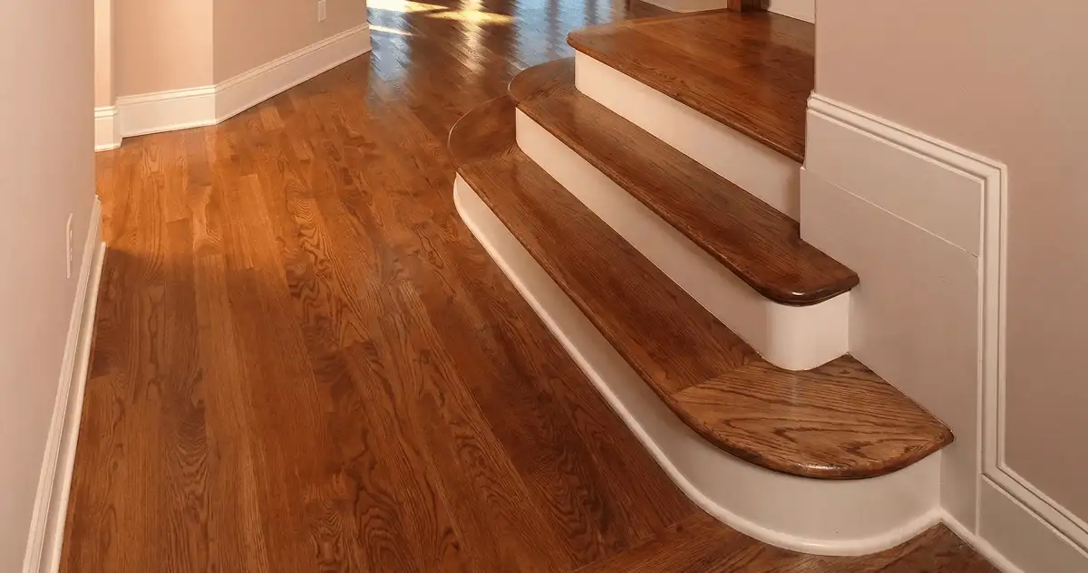 Base floor of a staircase with professionally restored wood flooring in Albuquerque NM