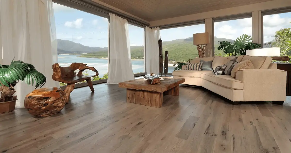 Professionally installed vinyl flooring in a modern living room with large windows in Albuquerque, NM